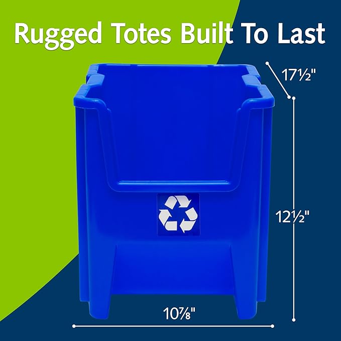 Commercial Industrial Heavy Duty Stackable Open-Front Recycling Bin Box Containers, 7 Gallon, 4 Pack, Blue