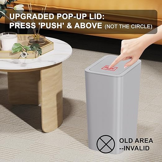 N. NETDOT 3 Pack 10L / 2.6 Gallon Small Trash Can with Lid,Bathroom Garbage Can with Pop-Up Lid,Waste Basket for Bathroom,Kitchen,Bedroom,Powder Room,Office,College (Black-Grey-Off White)