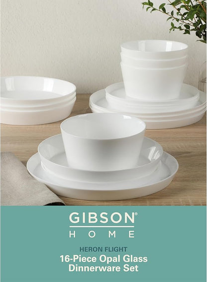 Gibson Home Modern Opal (Service for 4) 16 Piece Glass Chip Resistant Dishes Double Plates and Bowls Lightweight Dinnerware Set