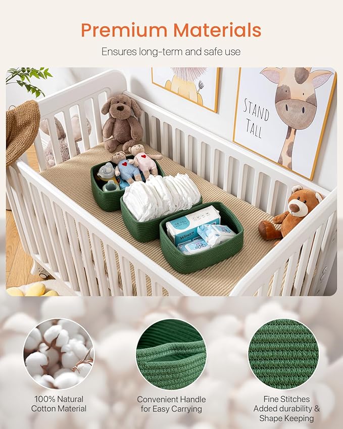 Small Woven Basket, 12 x 8 x 4.5 Inches, Storage Basket for Organizing, Cute Small Rope Shelf Closet Cube Storage Bins Baskets for Shelves, Dog Toy Gift Baskets Empty, 3 Packs, Green