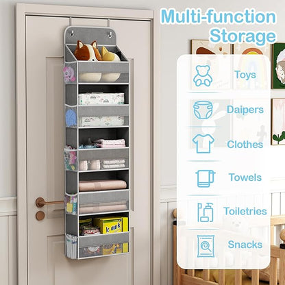 LAMU 5 Tier Over the Door Organizer Hanging, 5 Large Pockets and 10 Side Pockets Behind Door Storage for Baby Toys, 44lbs Back of Door Organizers Shelf for Closet, Nursery and Bathroom, 1 Pack (Grey)