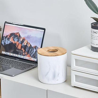 Polytree Marble White Mini Trash Can with Bamboo Lid,Small Countertop Trash Can,Desk Trash Can,Table top Mini Garbage Cans,Resin Tiny Waste Basket
