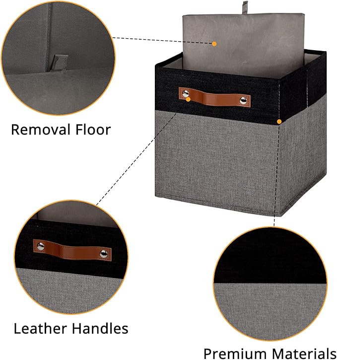 DULLEMELO 11x11 Storage Cubes, Collapsible Sturdy Cube Storage Bins With Handles for Organizing,Fabric Storage Cubes Baskets for Shelves Nursery Closet Home Organization and Storage (Black&Grey)