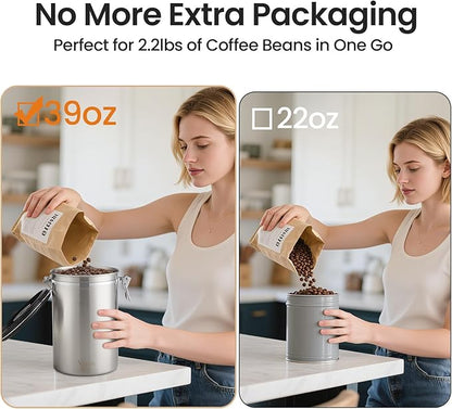 Veken Coffee Canister, 39OZ Large, Airtight Stainless Steel Food Storage Container for 2.2lbs Coffee Beans, Ground, Sugar, Tea, Flour, Cereal, Kitchen Bar Accessories with Date Tracker & Scoop, Silver