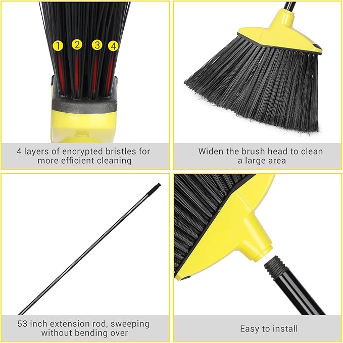 12 Pcs Heavy Duty 53 Inch Commercial Angle Brooms for Sweeping Indoor Outdoor - Black Broom with Long Handle for Garage, Courtyard, Patio, Lobby, Mall, Market, Shop, Sidewalk, Floor (Yellow)