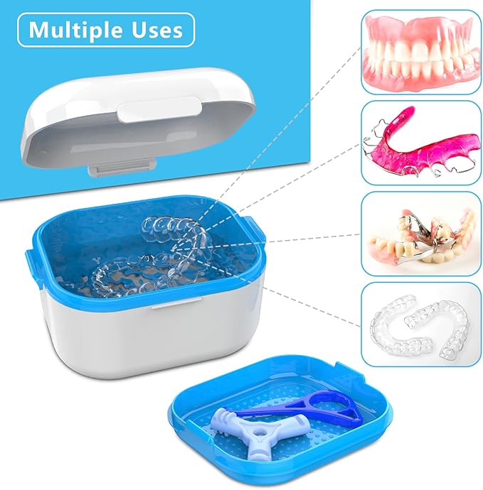 BVN Denture Case Denture Cup for Soaking Dentures Retainer Cleaner Case with Mirror Mouth Guard Case False Teeth Container White Blue