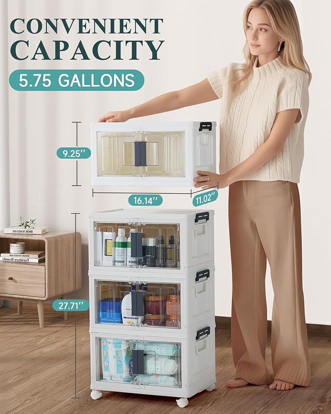 OlarHike 23QT Stackable Storage Bins with Lids - Folding Storage Box with Doors and Wheels, Collapsible Plastic Storage Bins for Closets and Organization, 3 Pack Cubes