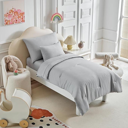 Toddler Bedding Set - 5 Piece Soft and Breathable Toddler Bed Set for Boys and Girls, Includes Quilted Comforter, Fitted Sheet, Flat Top Sheet, Standard Pillowcase and Toddler Pillowcase, Gray