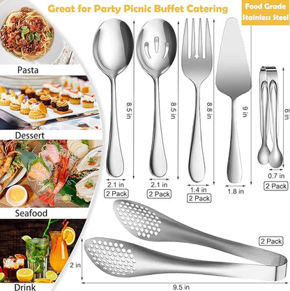 11 PCS Serving Utensils, Large Stainless Steel Spoons Forks Tongs, Pie Server, Great for Hostess Buffet Catering Banquet Party, Silver