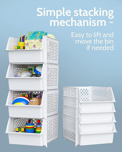 TidyFriend Plastic Stackable Bins for Pantry, 24 Pack Large Stacking Bins Open Front Kitchen, and Bathroom Organization, Open Front Design (White)