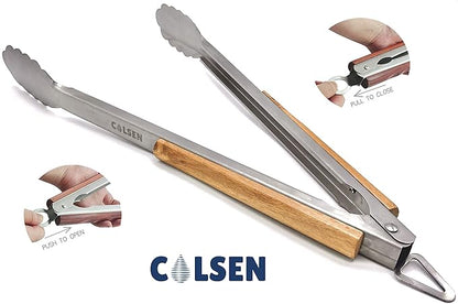 COLSEN Heavy Duty 3-Piece BBQ Grilling Tool Set, Stainless Steel Tongs, Spatula, & Fork, Kitchen Utensils Set, Camping Accessories, Brown