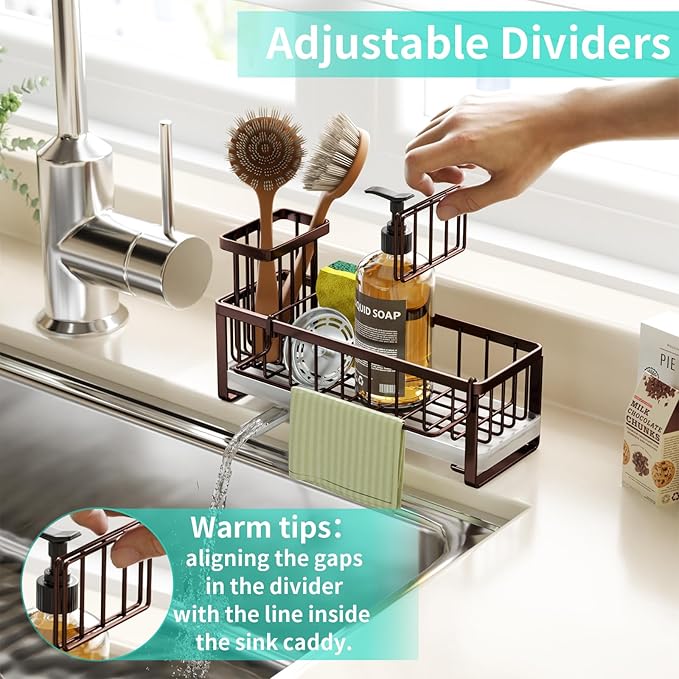 HapiRm Sponge Holder for Kitchen Sink - Self-draining Sink Caddy with Brush and Dishcloth Holders, Stainless Steel Kitchen Organizer for Countertop - Bronze