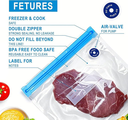 Reusable Sous Vide Bags 58Pcs BPA-Free, 1.4L Vacuum Sealer Bags for Cooking & Microwave, 50 Zipper Bags, 3 Seal Clips ＆ 5 Cooking Clips, Heat-Resistant & Leakproof (8.5x8.5in)