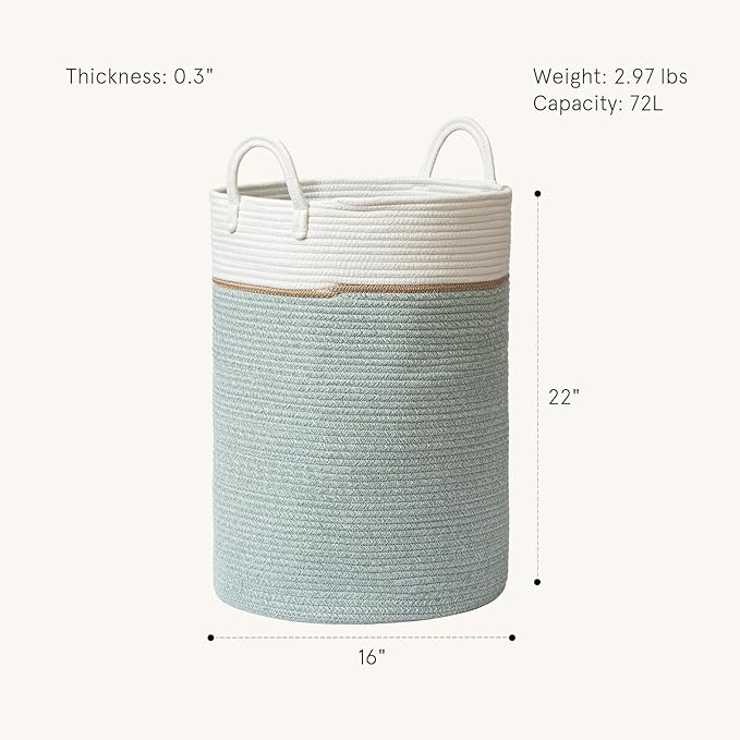 LA JOLIE MUSE Woven Basket Rope Storage Baskets - Tall Cotton Basket, Laundry Basket for Blanket, Kids Toy, Nursery Clothes Hamper Basket, Ivy Green, 72 Liter