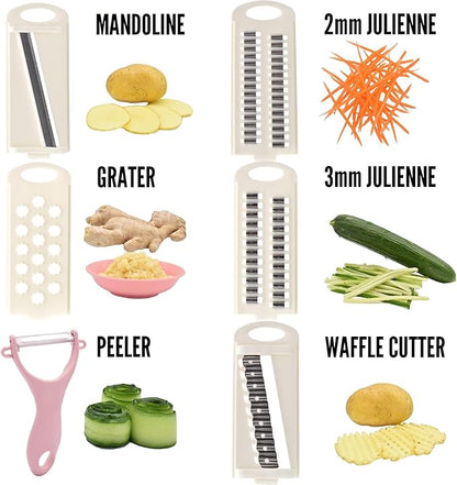 Mandoline Slicer for Kitchen Slicer Vegetable Cutter 5 In 1 Veggie Slicer Potato Slicer waffle fry cutter Hot Swap Mandolin with Peeler for Vegetables Carrot Shredder Cucumber Slicer - Pink