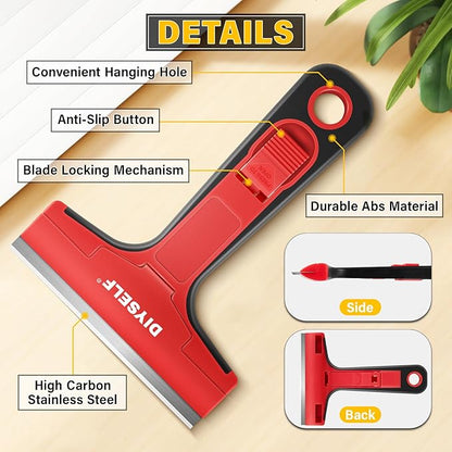 DIYSELF Razor Blade Scraper, 1 Pack Scraper Tool with 10pcs 4-Inch Blades, Razor Scraper for Cleaning Glass, Window, Stove Top, Oven, Kitchen, Cooktop, Shower Door, Sticky Residue, Tile, Wallpaper