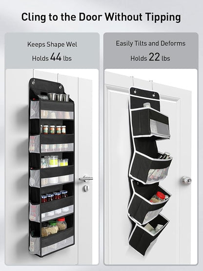 Yecaye 2 Pc Over the Door Organizer with 5 Bins 10 Side Pockets, 44lbs Load Hanging Bathroom and Bedroom Organizer, behind the Door Hanging Organizers for Nursery Newborn Baby Essential Stuff Black