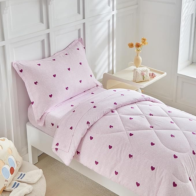 DuShow 4 Pieces Toddler Bedding Set,Purple Star Toddler Girl Comforter Set,Super Soft Reversible Toddler Sheet Set,Lightweight Crib Bed Set -Purple