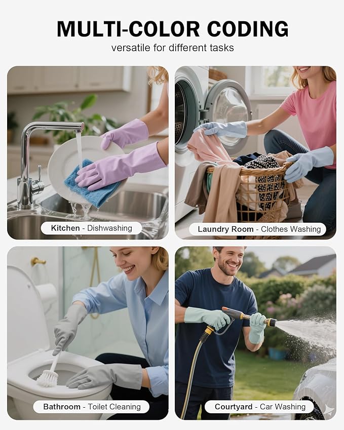 Rubber Cleaning Dishwashing Gloves 4 Pairs Reusable Kitchen Glove for Washing Dishes & Household Bathroom Cleaning Dish Gloves with Flock Lining Anti-Slip Grip Waterproof Thick Long-lasting Colorful L