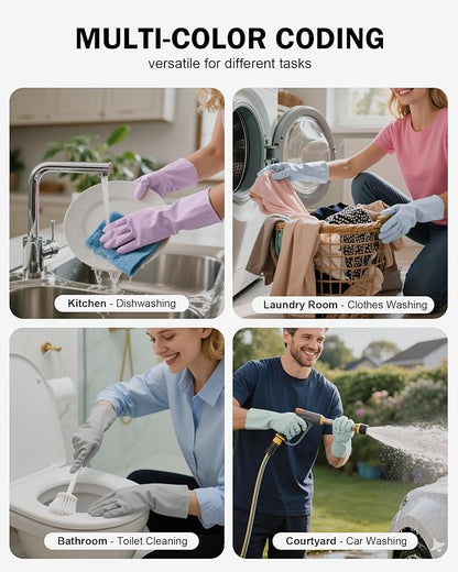 Rubber Cleaning Dishwashing Gloves 4 Pairs Reusable Kitchen Glove for Washing Dishes & Household Bathroom Cleaning Dish Gloves with Flock Lining Anti-Slip Grip Waterproof Thick Long-lasting Colorful L