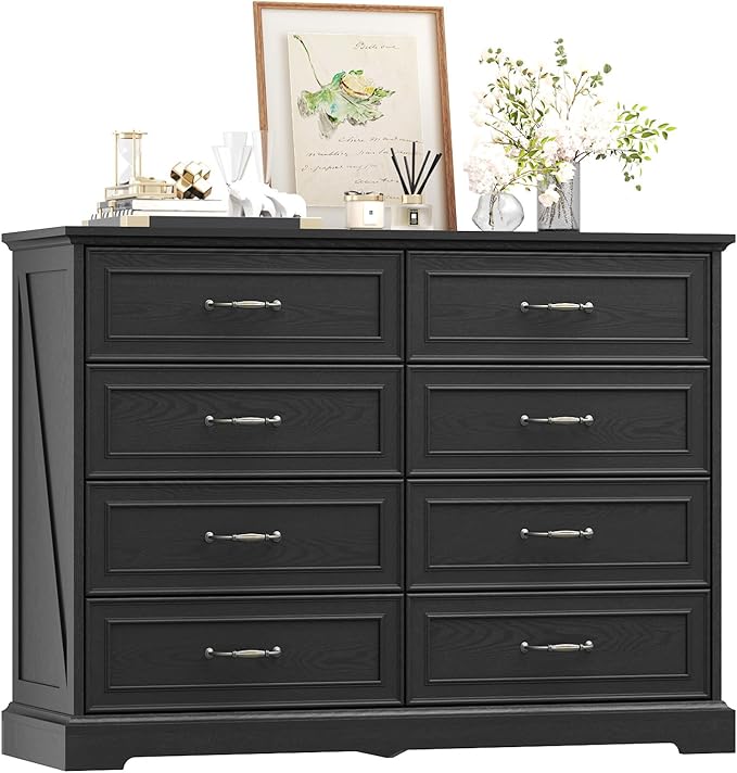 8 Drawer Dresser for Bedroom, 47" Wide Wooden Chest of Drawers, Rustic Farmhouse Dresser with Large Drawers & Metal Handles, Modern Storage Organizer for Closet, Living Room, Hallway, Black