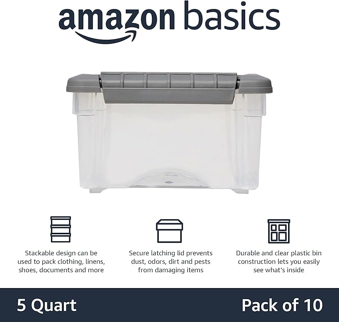 Amazon Basics Plastic Storage Containers with Secure Latching Lids, Stackable Organization Bins, Clear/Grey, 5 Quart, Set of 10