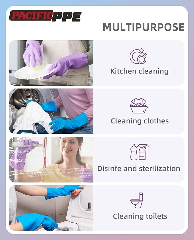 PACIFIC PPE 2 Pairs Dishwashing Cleaning Gloves with Latex free, Cotton lining, Kitchen Gloves (Purple+Blue, Large)