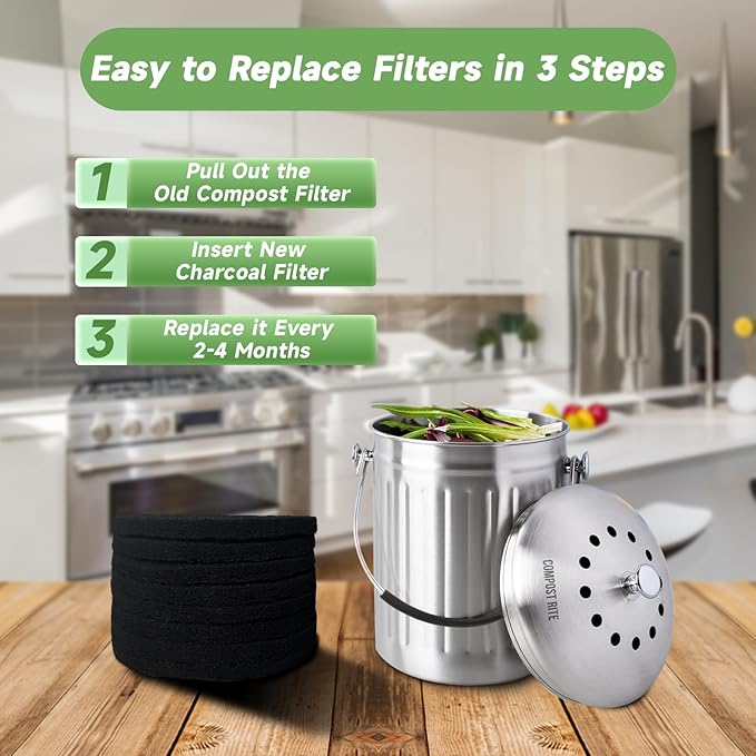 6.7 Inch Charcoal Filters for 8 Pack Kitchen Countertop Compost Bins- Extra Thick 0.4" for Longer Lasting Activated Carbon