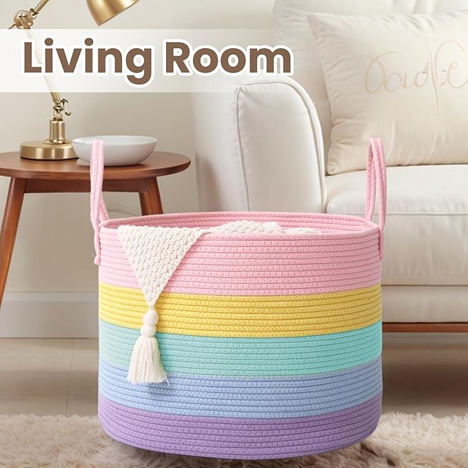 Woven Blanket Basket,115L Large Rope Storage Bin with Handles, Organizer for Blankets Toys Book and Clothes, Laundry Basket for Living Room Bedroom Nursery,Rainbow
