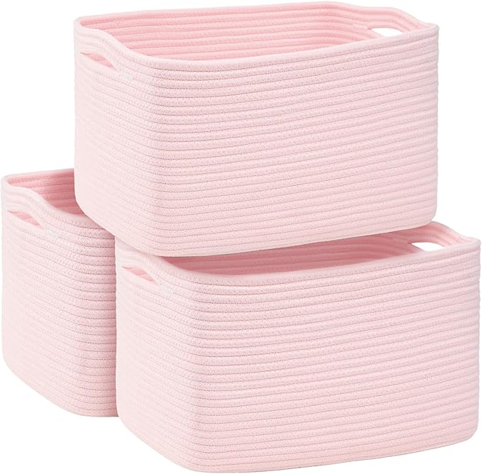 3-Pack Shelf Baskets for Organizing, Woven Storage Basket for Shelves, Cotton Rope Storage Bins for Toys Books, Nursery Towel Baskets for Classroom, 14.96"X9.8"X8.85", Pink