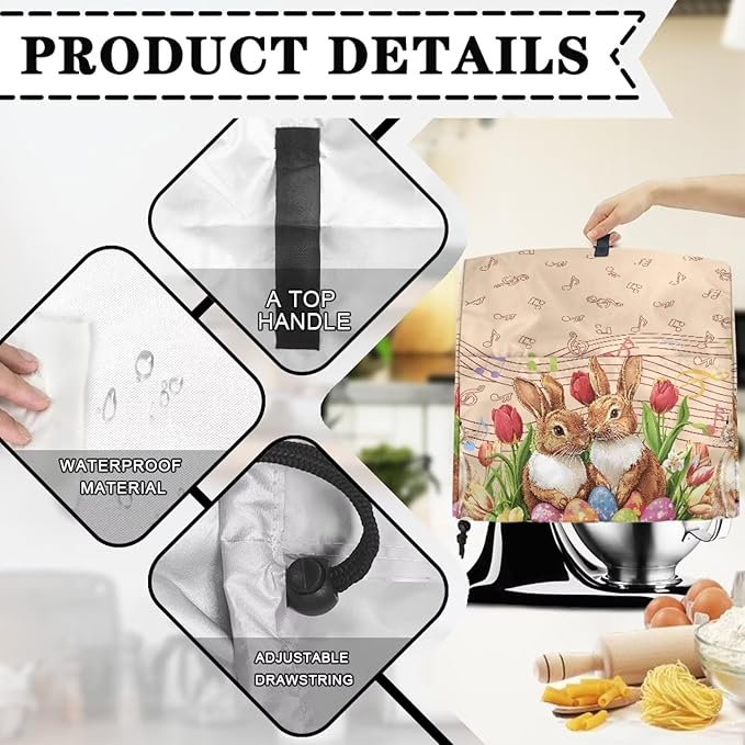 Generic Cute Rabbit Stand Mixer Cover for Easter Decor, Kitchen Dust Cover, 6-8 Quart, Lightweight, Waterproof, Polyester, Drawstring Closure, Top Handle, Pockets for Accessories