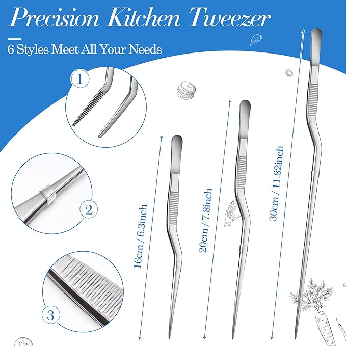 Chumia 3 Piece Stainless Steel Tweezers - Precision Kitchen Tongs for Plating, Food Handling & Cake Decorating