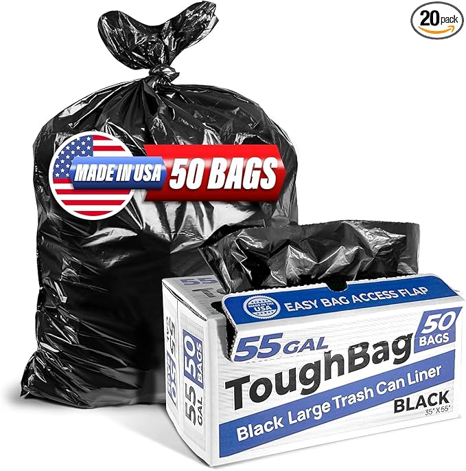 ToughBag 55 Gallon Trash Bags, 55-60 Gallon Trash Bags Heavy Duty (50 COUNT) - Large Black Trash Can Liners, 50-60 Gal for Contractors, Commercial, and Lawn - Made in USA