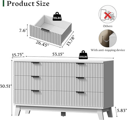 Fluted Dresser with 6 Drawers, 54" Wide Modern Chest of Drawers with Metal Handle, Wooden Dresser TV Stand, Wood Closet Clothes Storage Organizer for Bedroom, Living Room, Hallway, Solid White