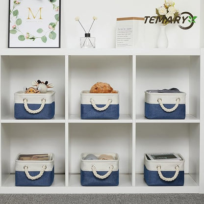 Temary Small Storage Baskets for Shelves, 6 Pcs Empty Gift Baskets for Organizing Clothes, Books, Fabric Storage Bins with Rope Handles (White&Blue,11.8 L x 7.9 W x 5.3 H inches)