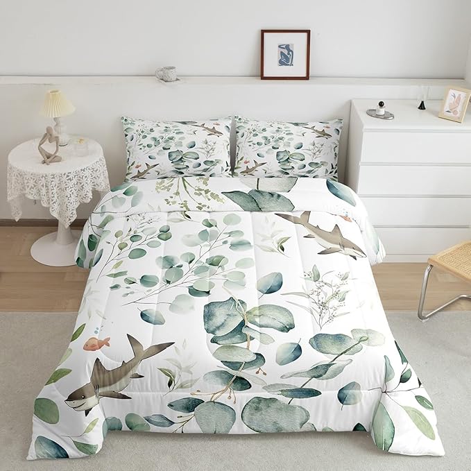 Erosebridal Girls Kawaii Animal King Size Comforter Set Cute Shark Bedding Set, Cartoon Wildlife Down Comforter Green Leaf Bed Set, Spring Garden Plant Quilted Duvet Child Kids Bedroom Decor