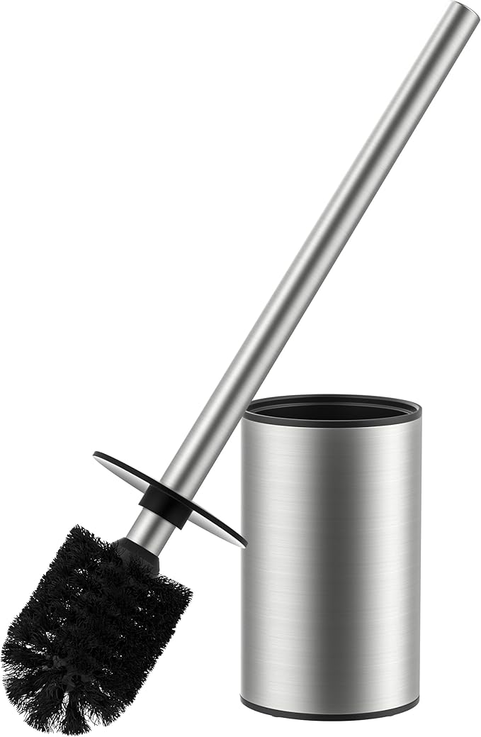 FORIOUS Toilet Brush and Holder Set, 304 Stainless Steel Heavy Duty Base and Handle for Bathroom Deep Cleaning, Toilet Bowl Cleaners Brush with Holder, Space Saving for Storage, Stainless Steel