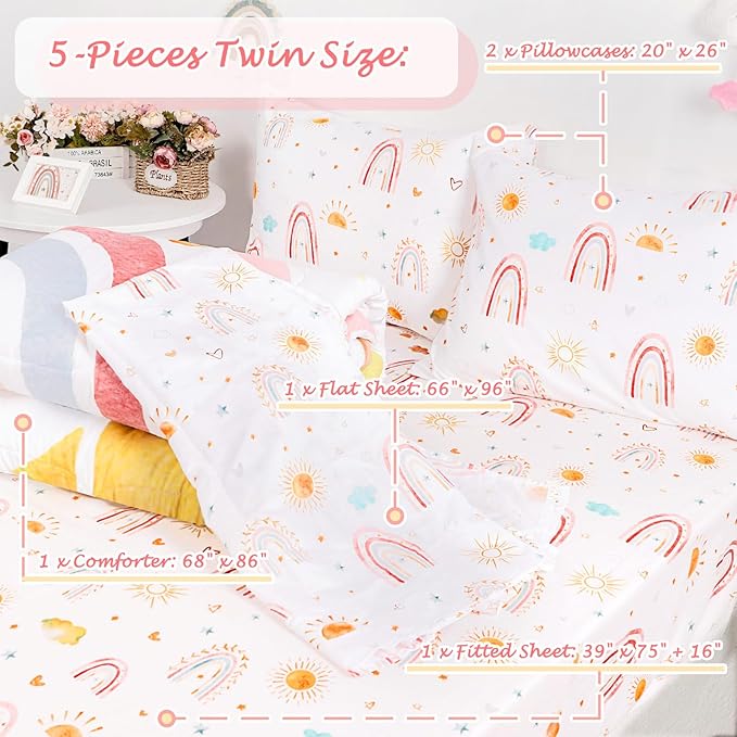 Twin Size Toddler Bedding Set for Girls- 5 Piece Rainbow Toddler Girl Bedding, Super Soft & Lightweight Toddler Comforter Set Includes Comforter, Flat Sheet, Fitted Sheet, Pillowcase (Pink)