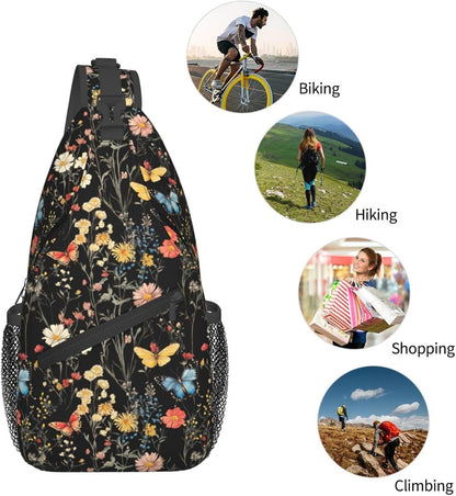 SUPLUCHOM Sling Bag Wildflower Botanical Butterfly Flower Hiking Daypack Crossbody Shoulder Backpack Travel Chest Pack for Men Women