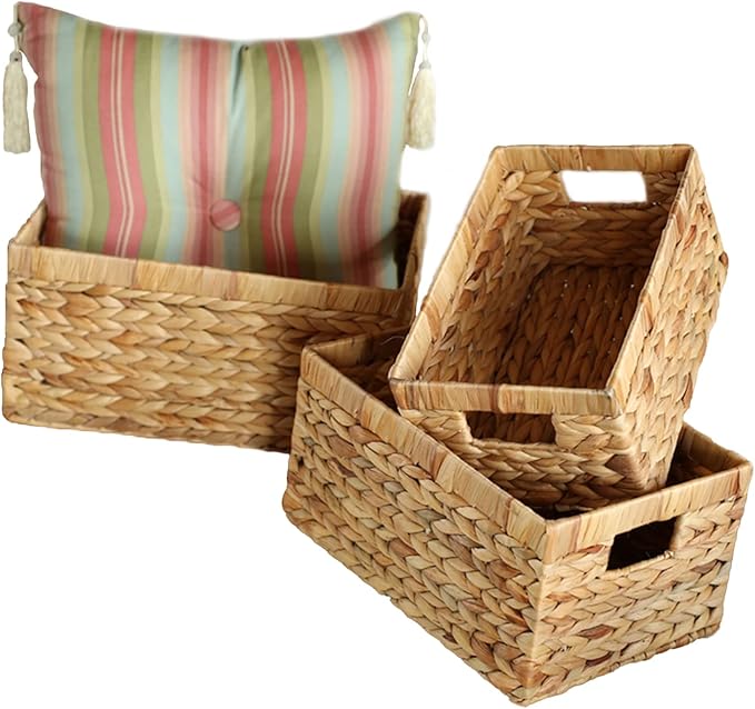 Water Hyacinth Wicker Baskets for Organizing, Rectangular Wicker Baskets with Built-in Handles,3-Pack