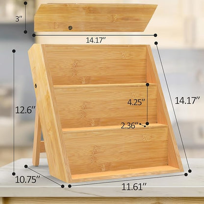 Bamboo Spice Rack Organizer for Kitchen Counter, 3 Tier Foldable Spice Shelf for Cabinet or Drawer (Jars Not Included)