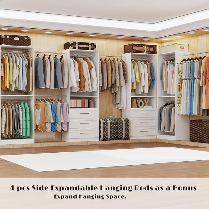 Closet System with 4 Sets, 8FT Closet Organizer Systems with 6 Wooden Drawers & 10 Hanging Rods, Walk in Closet Standalone Corner Closet System Modular Closet System Set White (8FT)