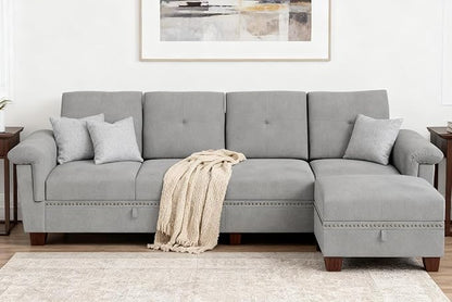 JAMFLY 108" Modular Sectional Sofa with Storage, L Shaped Sofa Couch with Reversible Ottoman, 4-Seat Convertible Sectional Couches with Cup Holders for Living Room, Apartment, Light Grey