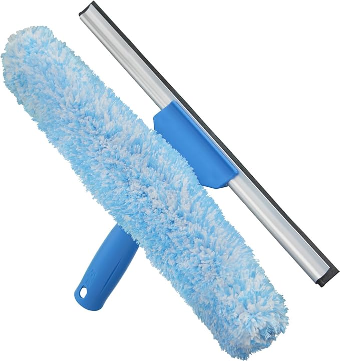 Unger Professional 2-in-1 Squeegee and Scrubber, 14” Window Cleaning Tool with Streak-Free Results, Commercial and Residential Use, Microfiber Sleeve to Clean without Scratching