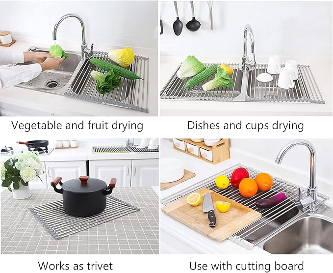 Tomorotec 17.7" x 15.5" Roll Up Dish Drying Rack Over Sink Drying Rack Sink Cover Kitchen Sink Accessories Gadget Multipurpose Organizer Foldable Stainless Steel Drainer (Grey)