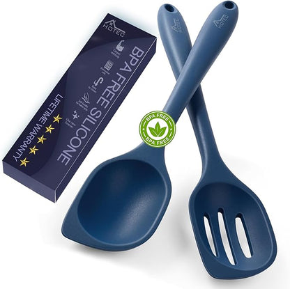 HOTEC 446°F Heat Resistant Silicone Cooking Spoon Spatula, BPA Free Large Kitchen Solid and Slotted Spoons for Mixing, Serving, Scraping, Non-stick, Dishwasher Safe Classic Blue 12.5inch