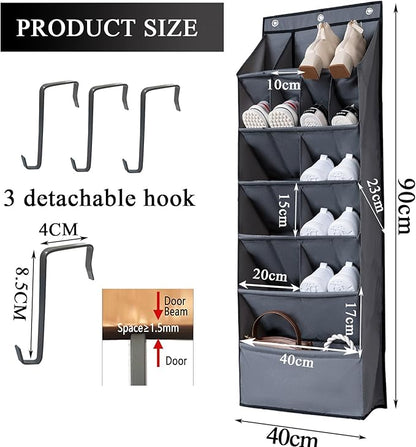 Over the Door Shoe Organizer, Grey 16 Pockets Hanging Shoe Storage Rack with Large Deep Pockets, Oxford 600D Fabric Shoe Storage Rack with 6 hook for Shoes, Home Accessories etc (Grey, 1-Grid)
