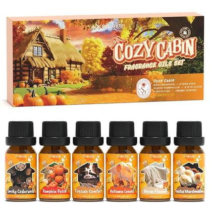 Fall Cozy Cabin Fragrance Oils Set, Essential Oil for Diffuser, Use for Soap Candle Making-Smoky Cedar Wood, Roasted Marshmallows, Autumn Leaves, Warm Flannel, Fireplace Time, Pumpkin Patch