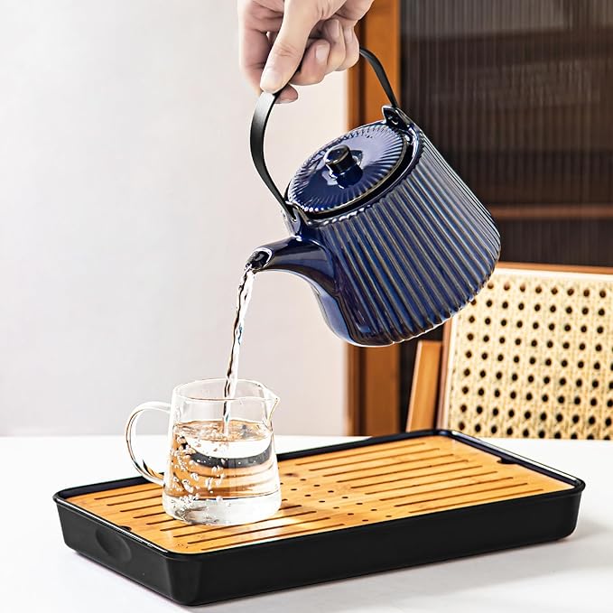 Yundu Deep Blue Ceramic Teapots, 1000ml/33.8oz Tea Kettle, Enough for 4 Cups, Tea pot with infusers for loose tea, Striped Tea Pot with Removable Tea infuser