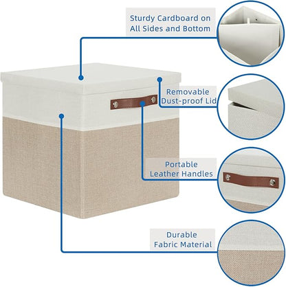 Temary Fabric Storage Bins with Lids 13 Inch Storage Cubes with Lid, Decorative Foldable Storage Boxes for Clothes, Closet Organizers (White&Khaki, 13x13x13inch)